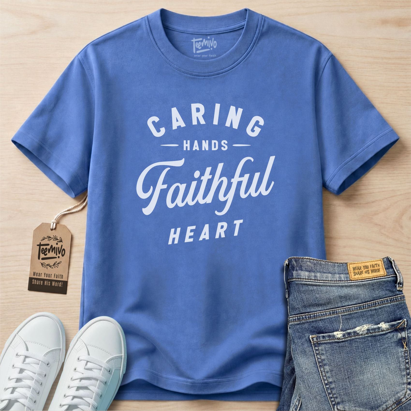 Caring hands faithful heart | Faith in Work | Nurse T-shirt